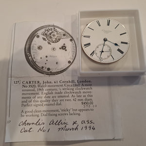 self striking pocket watch (quarter striking clockwatch) movement John Carter London circa 1860  (sold)